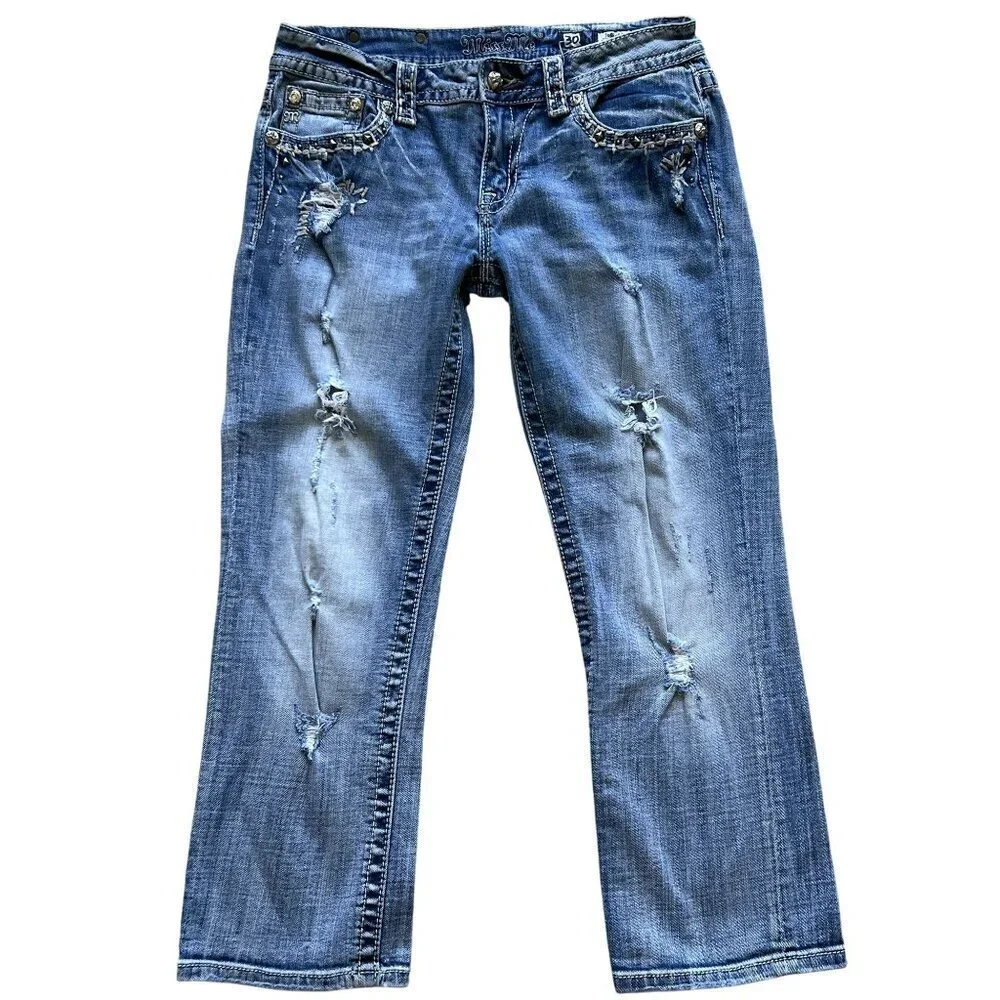 Miss Me Womens 30 US Size 10 Distressed Embellished Cuffed Capri Jeans Cowgirl